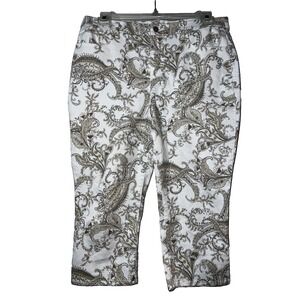 Womens White Paisley Print Capri Pants Cropped Leg Casual Stretch Denim Sz L (2)